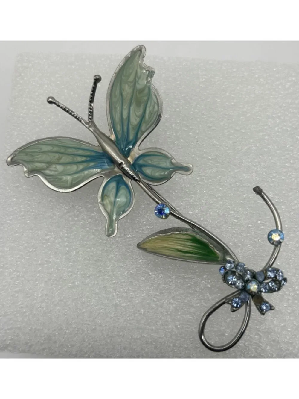 Vintage Cold Enamel Mesh Butterfly Brooch AB Rhinestone Bow Rhodium Plated 1950s